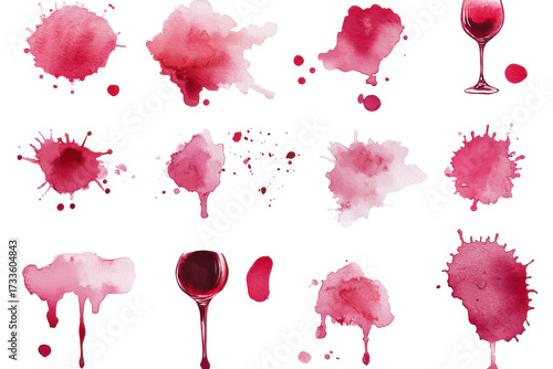 Collection of red wine stains and splashes isolated on transparent background. Collection set of red wine stains isolated on white background.