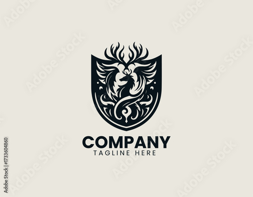 Dragon Deer Shield vector logo illustration