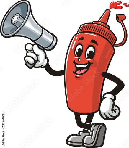 Cartoon mascot of a ketchup sauce bottle holding a megaphone or loudspeaker