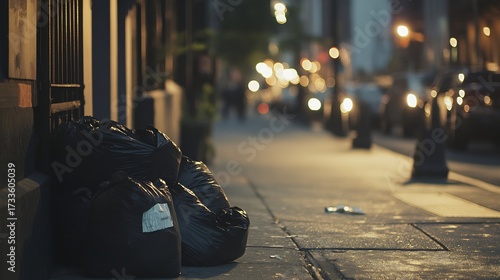 Row of black trash bags neatly lined up on a city sidewalk early in the morning with the soft glow of streetlights casting gentle shadows suggesting urban cleanup efforts