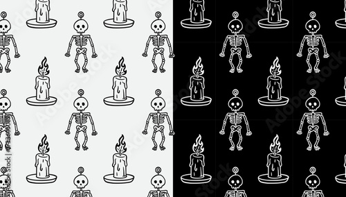 skeleton and candle hand drawn pattern on black white background set for spooky halloween packaging and merchandise. skull keychain and burning candle doodle seamless pattern. vector illustration