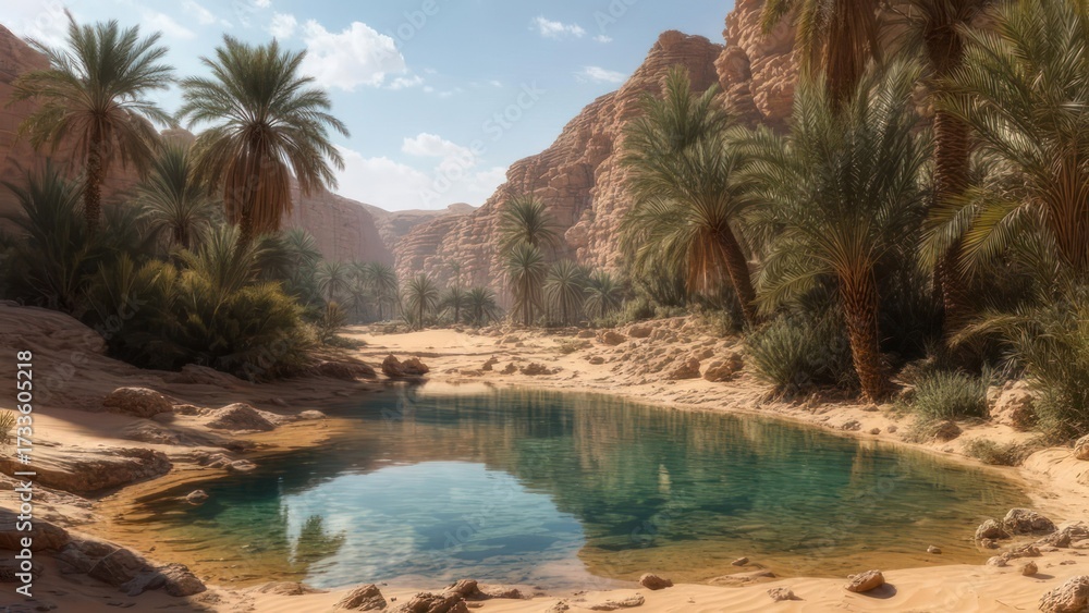 Fototapeta premium Desert oasis with palm trees and clear pool