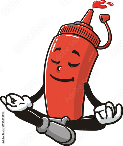 Cartoon mascot of ketchup sauce bottle is meditating or relaxing