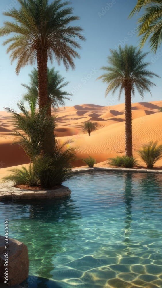 Fototapeta premium Desert oasis with palm trees and swimming pool