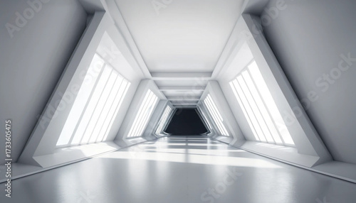 Futuristic white corridor with geometric patterns and bright lights