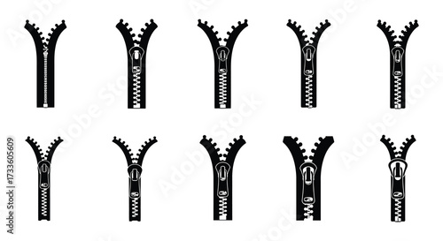 A collection of black zipper illustrations in varying stages of opening