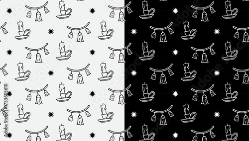ghost garlands and candle with star doodle pattern on black white background set for halloween packaging, merchandise. ghost decors and gothic candle hand drawn seamless pattern. vector illustration