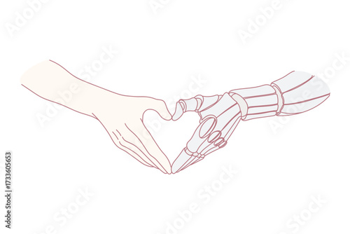 Touching human and robotic hands. Vector concept illustration of future successful collaboration between human work and artificial intelligence.