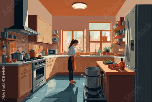 Woman cooking in modern kitchen with warm colors and natural light  