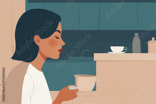 Young woman enjoying a cup of coffee in a modern kitchen  