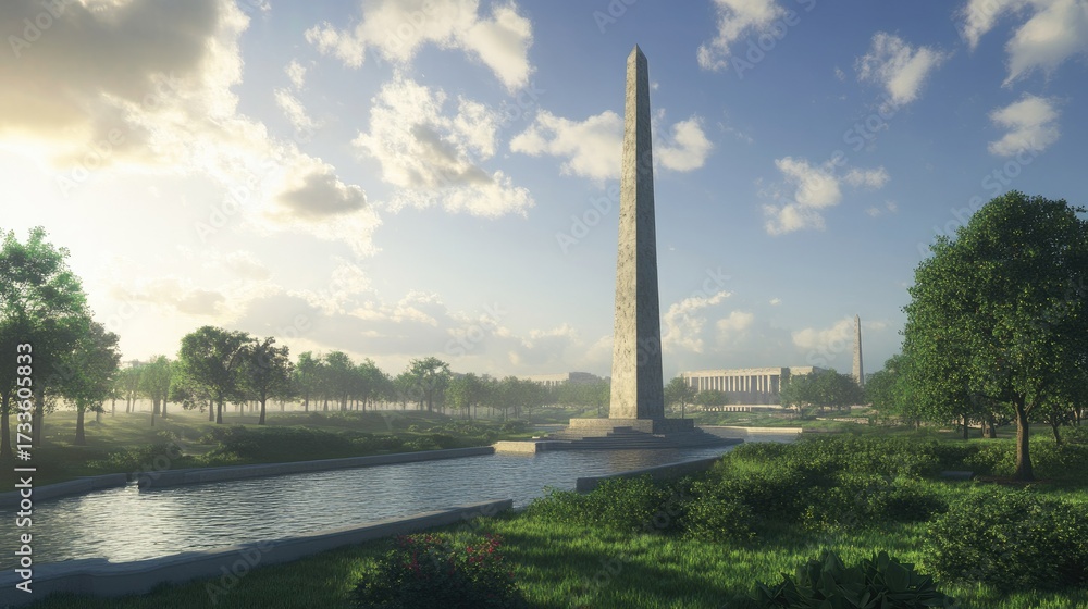 Fototapeta premium Serene Vista: Monumental Obelisk by a Tranquil Waterway