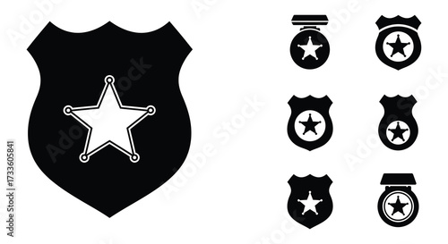 Black and white sheriff badges and star icons set illustration
