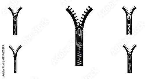 Black and white illustration of several zipper components and shapes