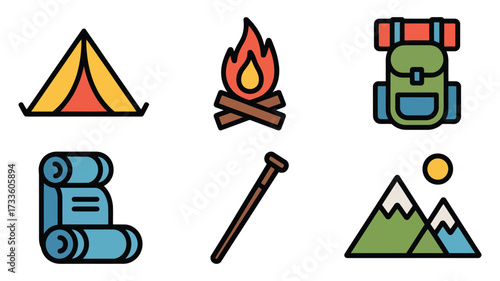 Vector art of set of six colorful icons representing outdoor camping and hiking, ideal for adventure and nature themes