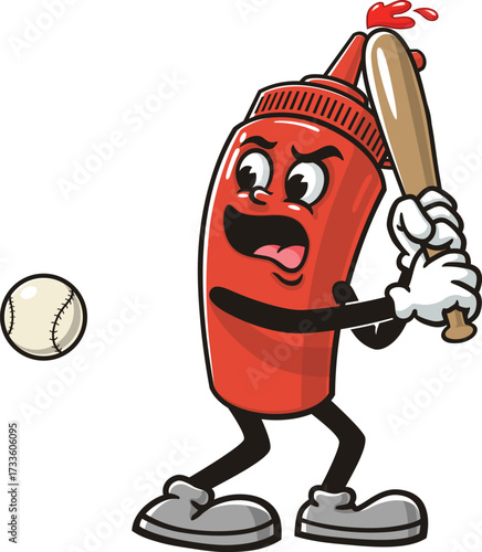 Cartoon mascot of a ketchup sauce bottle playing baseball