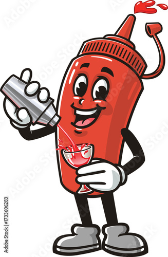 Cartoon mascot of a ketchup sauce bottle making a cocktail