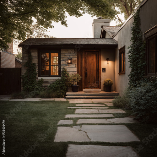 Charming Front Yard with Wide Stone Path, Mature Trees, and Warm Residential Entrance, Perfect for Relaxing Outdoor Spaces