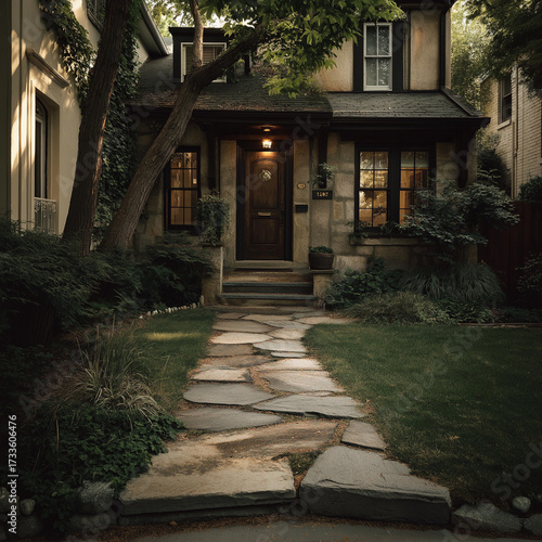Inviting Private Front Garden with Stone Pathway, Tall Trees, and Elegant Residential Home in Natural Light