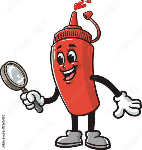 Cartoon mascot of a ketchup sauce bottle holding a magnifying glass