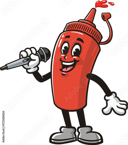 Cartoon mascot of a ketchup sauce bottle holding a microphone and singing