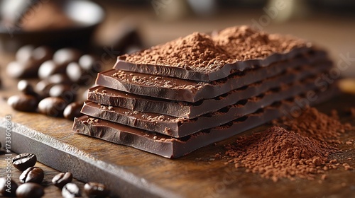 Row of Lindt Excellence dark chocolate pieces broken to reveal creamy textures arranged artistically on a wooden board surrounded by cocoa dust and coffee beans for a rich display