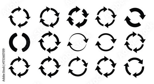 Collection of various black circular arrows showing different rotational directions