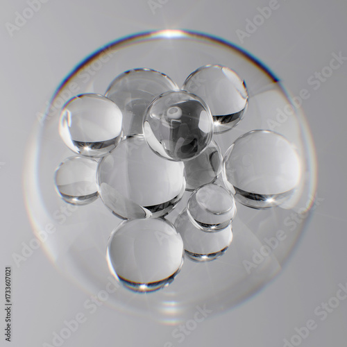 Clear liquid droplets suspended in a larger glass sphere. 3d rendering skincare innovation, beauty product ingredients background.