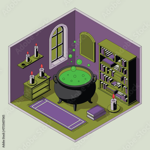 Isometric Witch's Potion Room with Cauldron and Bookshelf Keywords: witch, magic, potion, cauldron, bubbling, green, room, isometric, illustration