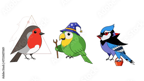 The Chirpy Trio: Whimsical cartoon birds - a charming robin, a wise wizard parrot, and a curious blue jay. Ready to bring delight!