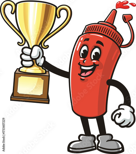 Cartoon mascot of a ketchup sauce bottle holding a trophy