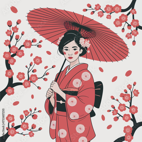 Japanese woman in red kimono holding red umbrella amidst cherry blossoms geisha