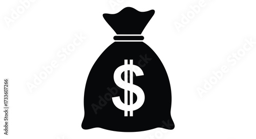 Simple black and white icon depicting a bag with a dollar sign