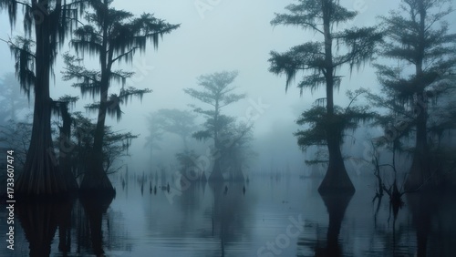 Foggy swamp with cypress trees and water reflections