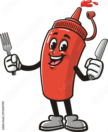 Cartoon mascot of a ketchup bottle holding a fork and knife