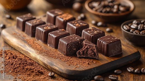 Row of Lindt Excellence dark chocolate pieces broken to reveal creamy textures arranged artistically on a wooden board surrounded by cocoa dust and coffee beans for a rich display