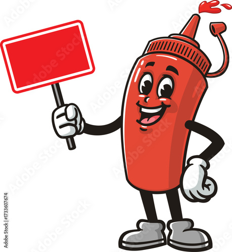 Cartoon mascot of a ketchup bottle holding a blank sign
