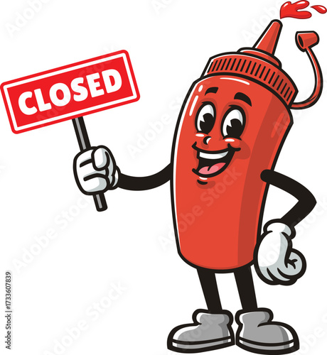 Cartoon mascot of a ketchup bottle holding a closed sign
