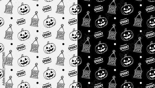 pumpkin, lantern, spooky letter and dot hand drawn pattern on black white background set for halloween merchandise. trick or treat pumpkin, lamp and spooky doodle seamless pattern. vector illustration