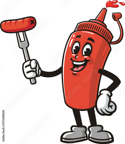 Cartoon mascot of a ketchup sauce bottle holding a sausage
