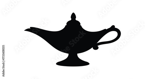 A black silhouette of a classic genie lamp on a white background