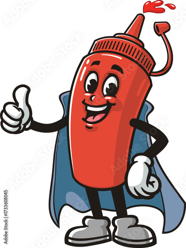 Cartoon mascot of a ketchup sauce bottle in superhero style