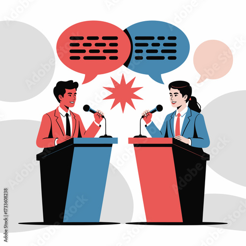 Man and woman in suits debating at podiums with speech bubbles and microphones debate