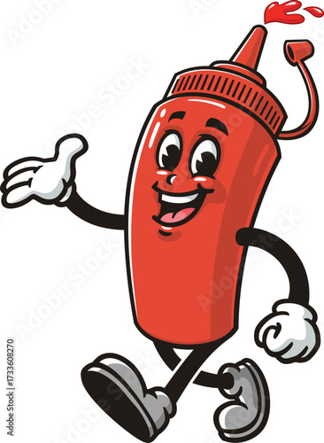 Cartoon mascot of a ketchup sauce bottle is walking