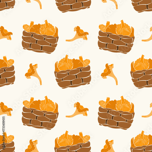 Mushroom picking in forest. Pattern with colorful chanterelle mushrooms in wicker basket. On light background.