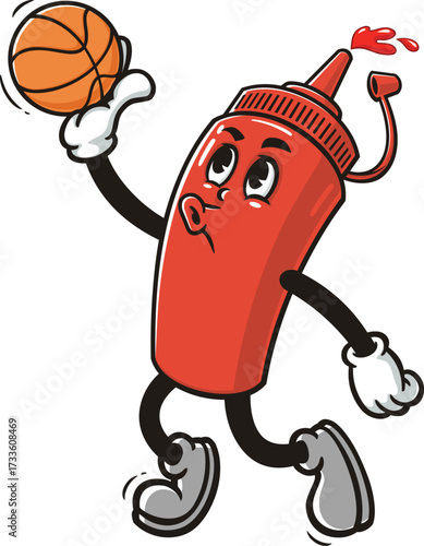 Cartoon mascot of ketchup sauce bottle playing slam dunk basketball