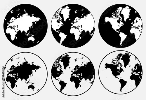 Collection of Circle Black Silhouette World Maps On Globe