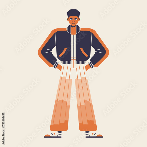 Man in bomber jacket and gradient wide leg pants with hands on hips fashion style