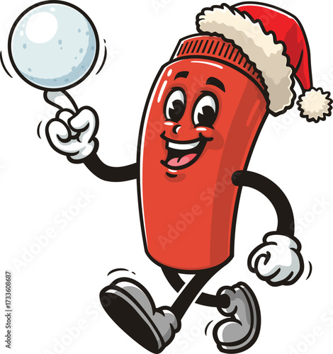 Cartoon mascot of ketchup sauce bottle playing snowball and wearing Christmas hat
