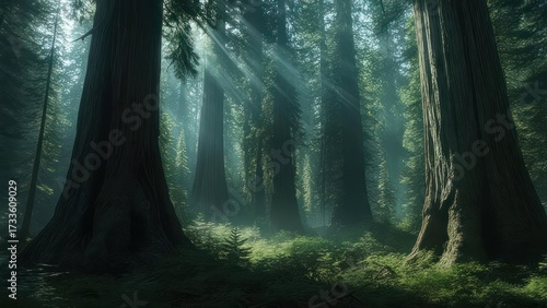 Forest sunlight beams through tall trees