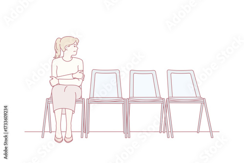 Anxious young woman sit on chair in corridor waiting or appointment. Stressed female feel worried wait in line in hallway. Vector illustration.
